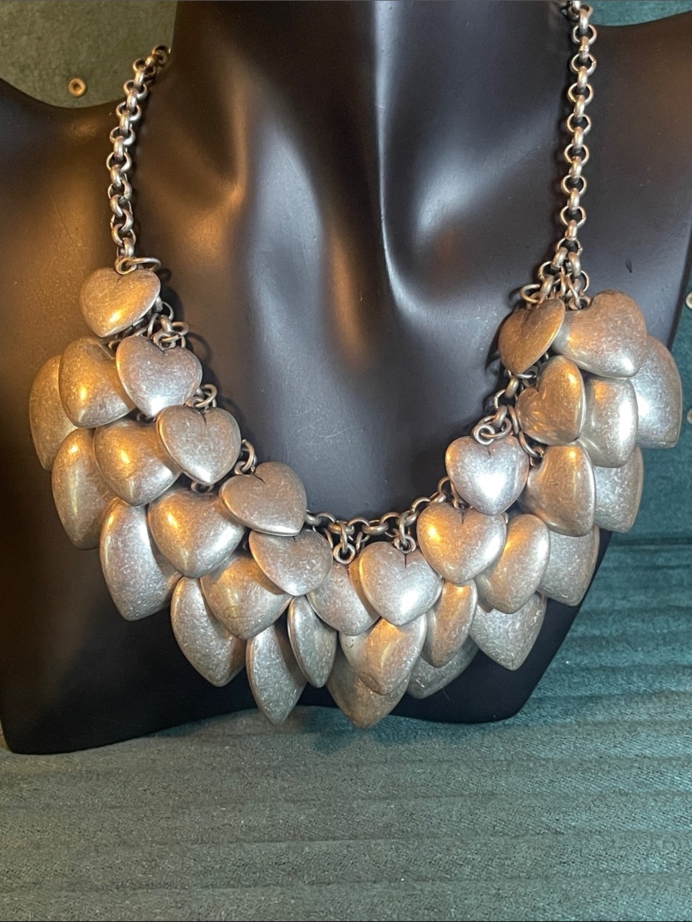 Vintage Joan Rivers Silver Layered Puffy Heart Bib Necklace